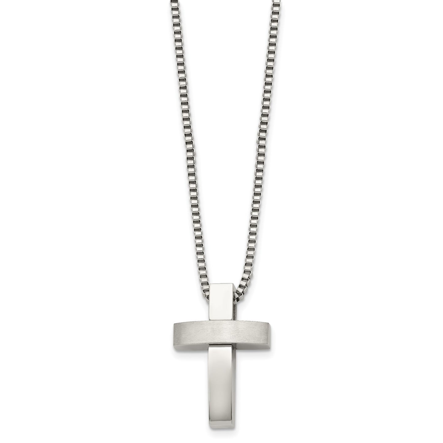 MJ Stainless Steel Brushed and Polished Cross Pendant on a 22 inch Box Chain Necklace