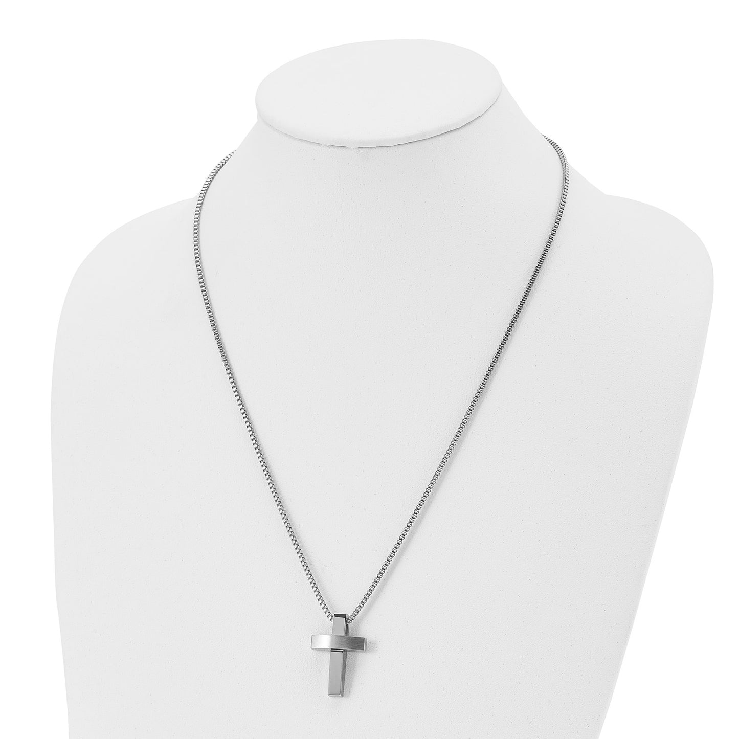 MJ Stainless Steel Brushed and Polished Cross Pendant on a 22 inch Box Chain Necklace