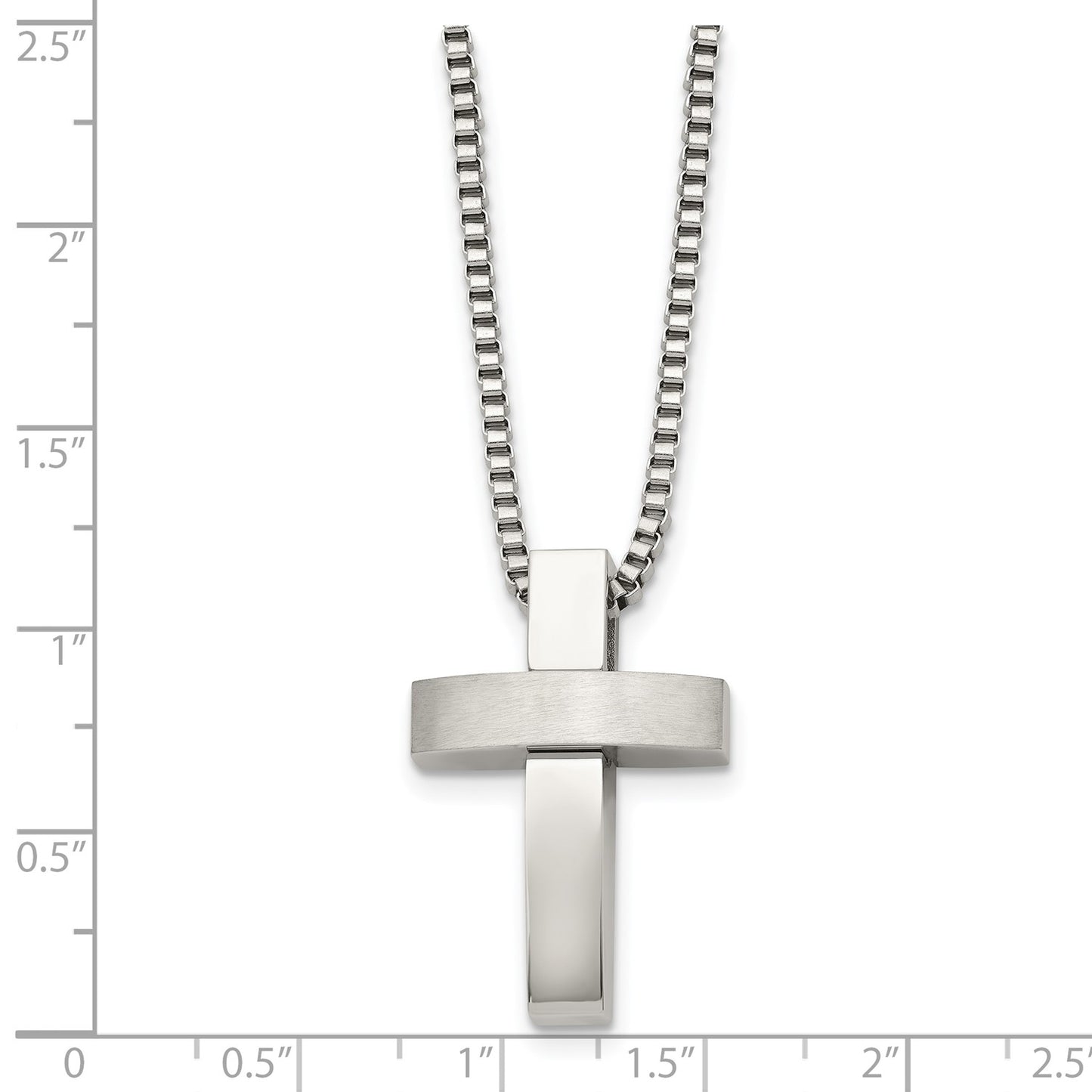 MJ Stainless Steel Brushed and Polished Cross Pendant on a 22 inch Box Chain Necklace