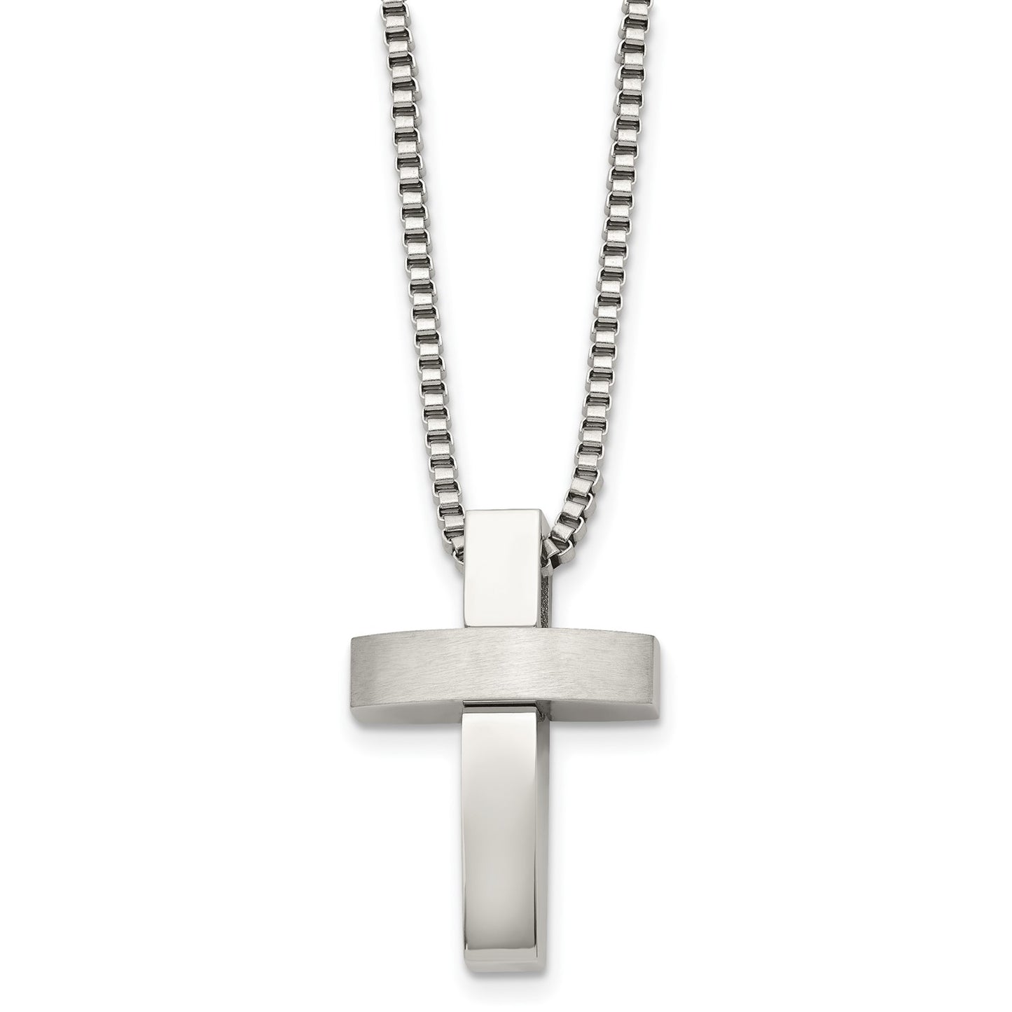 MJ Stainless Steel Brushed and Polished Cross Pendant on a 22 inch Box Chain Necklace