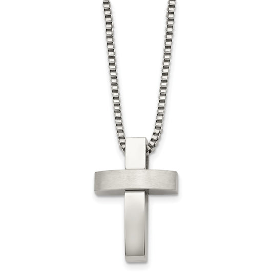 MJ Stainless Steel Brushed and Polished Cross Pendant on a 22 inch Box Chain Necklace