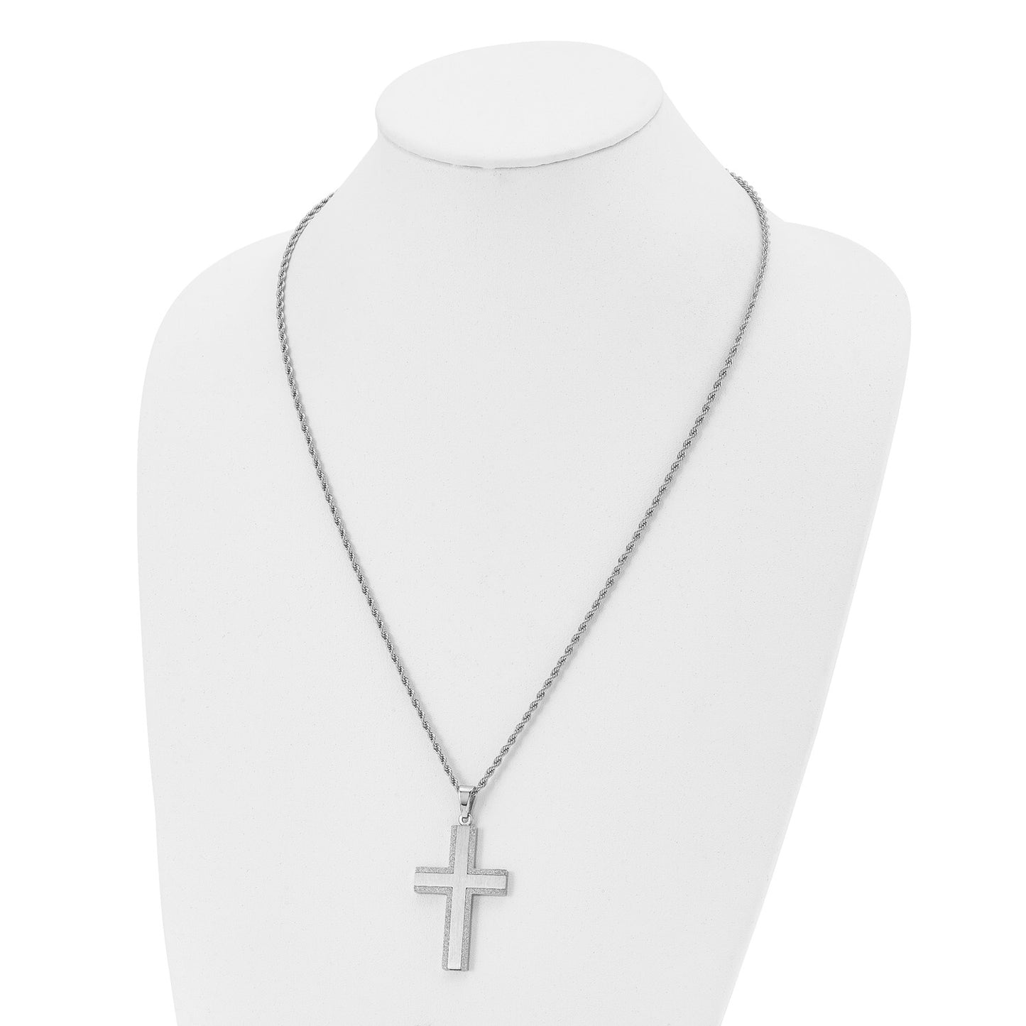 MJ Stainless Steel Polished Laser Cut Edges Cross Pendant on a 24 inch Rope Chain Necklace