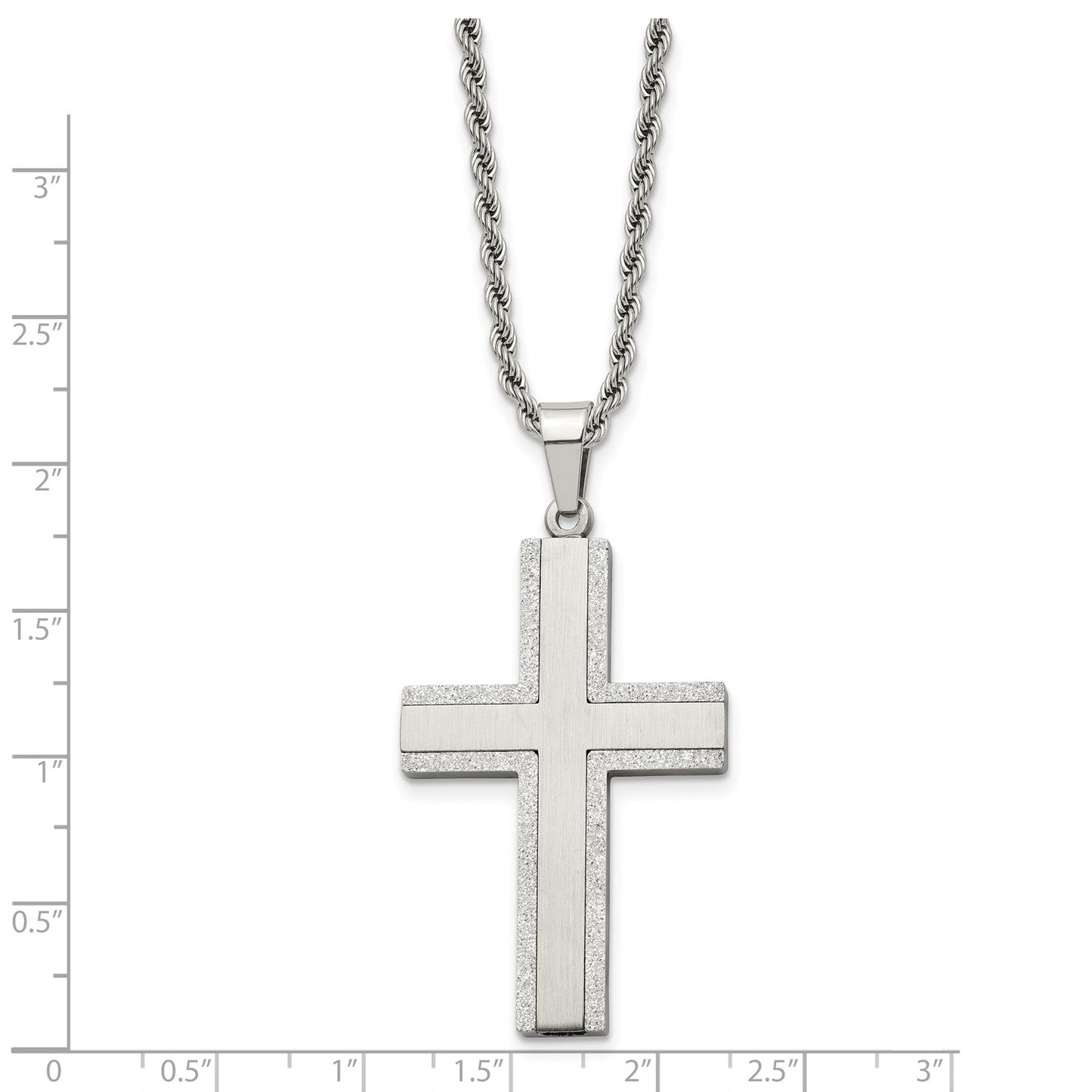 MJ Stainless Steel Polished Laser Cut Edges Cross Pendant on a 24 inch Rope Chain Necklace