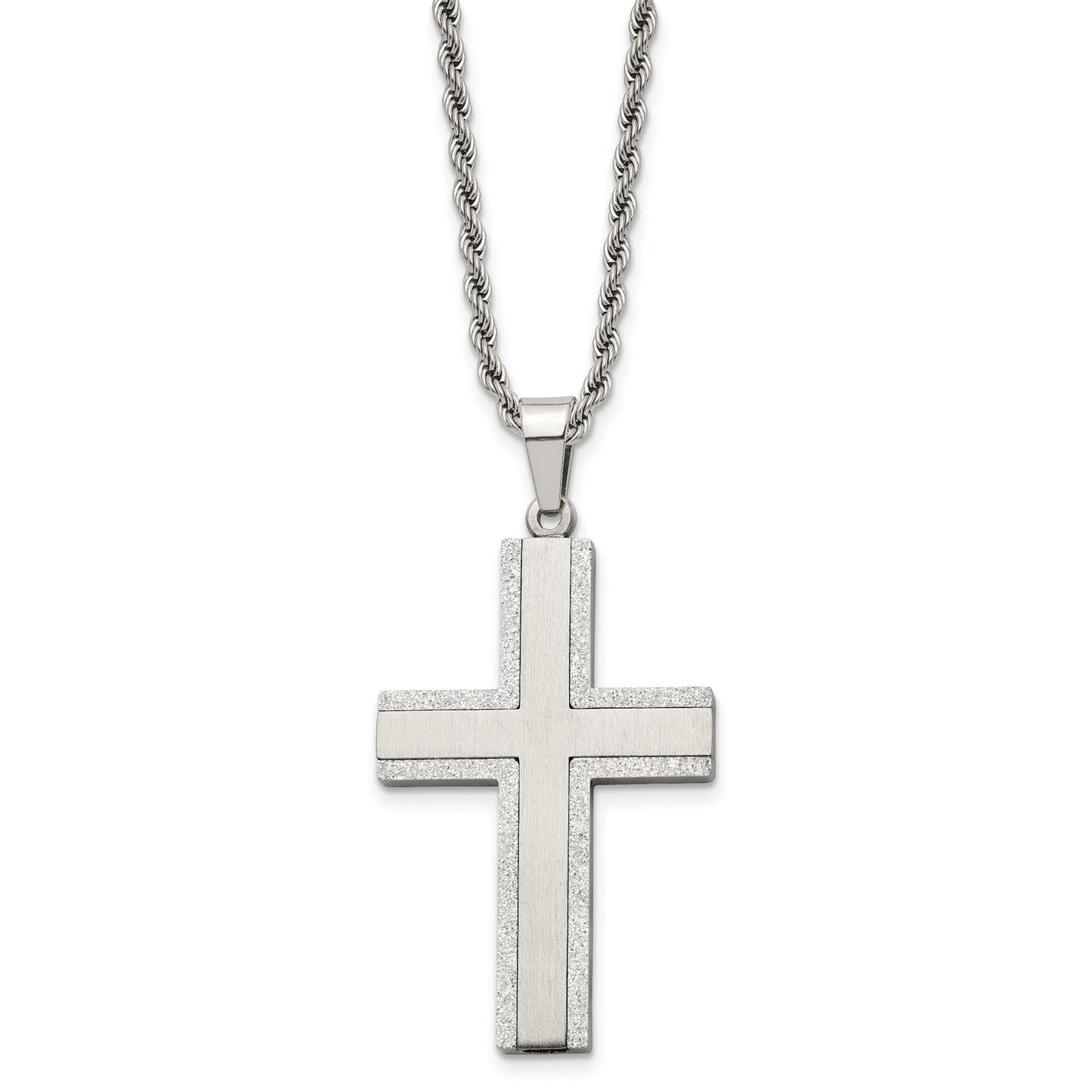 MJ Stainless Steel Polished Laser Cut Edges Cross Pendant on a 24 inch Rope Chain Necklace