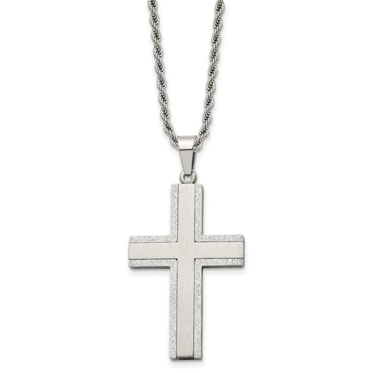 MJ Stainless Steel Polished Laser Cut Edges Cross Pendant on a 24 inch Rope Chain Necklace