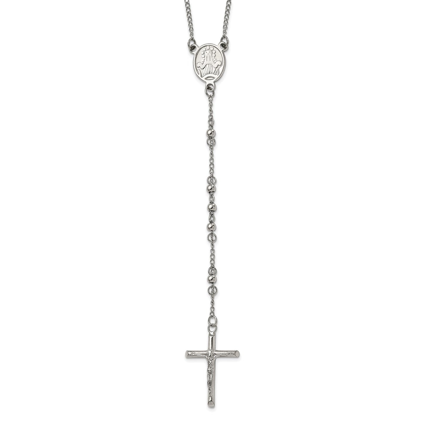 MJ Stainless Steel Polished 4mm Beaded 25 inch Rosary Necklace