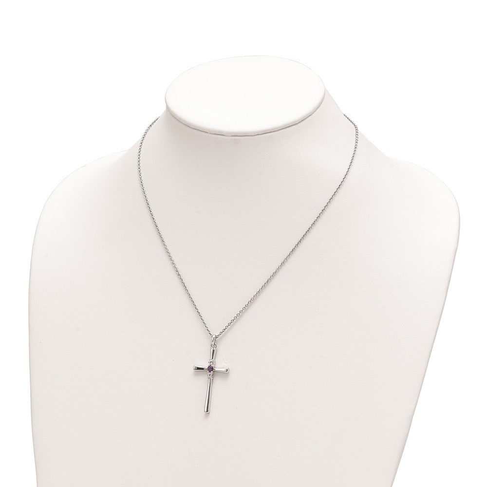 SSP Sterling Silver Rhodium-plated 16 Inch White and Purple Topaz Faith Cross Necklace with 2 Inch Extender