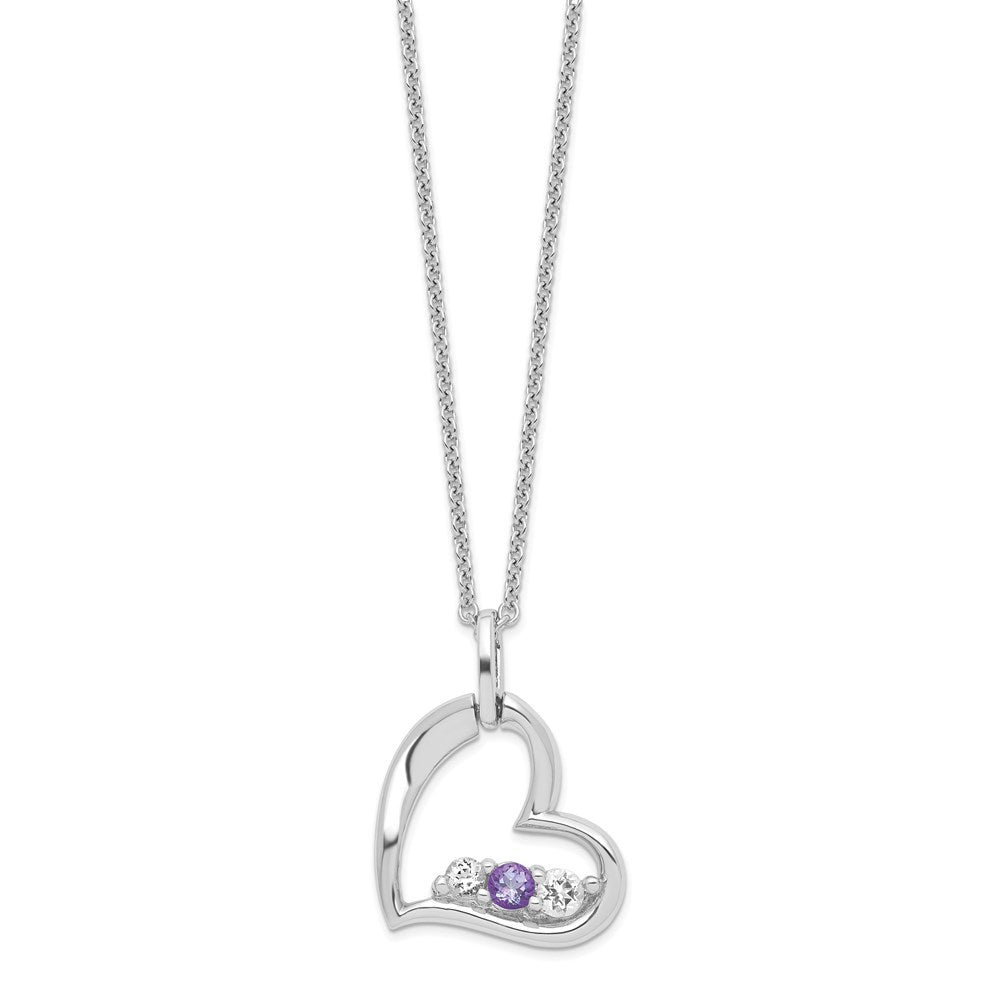 GSS Sterling Silver Rhodium-plated Clear and Purple Topaz Heart Strength Necklace
