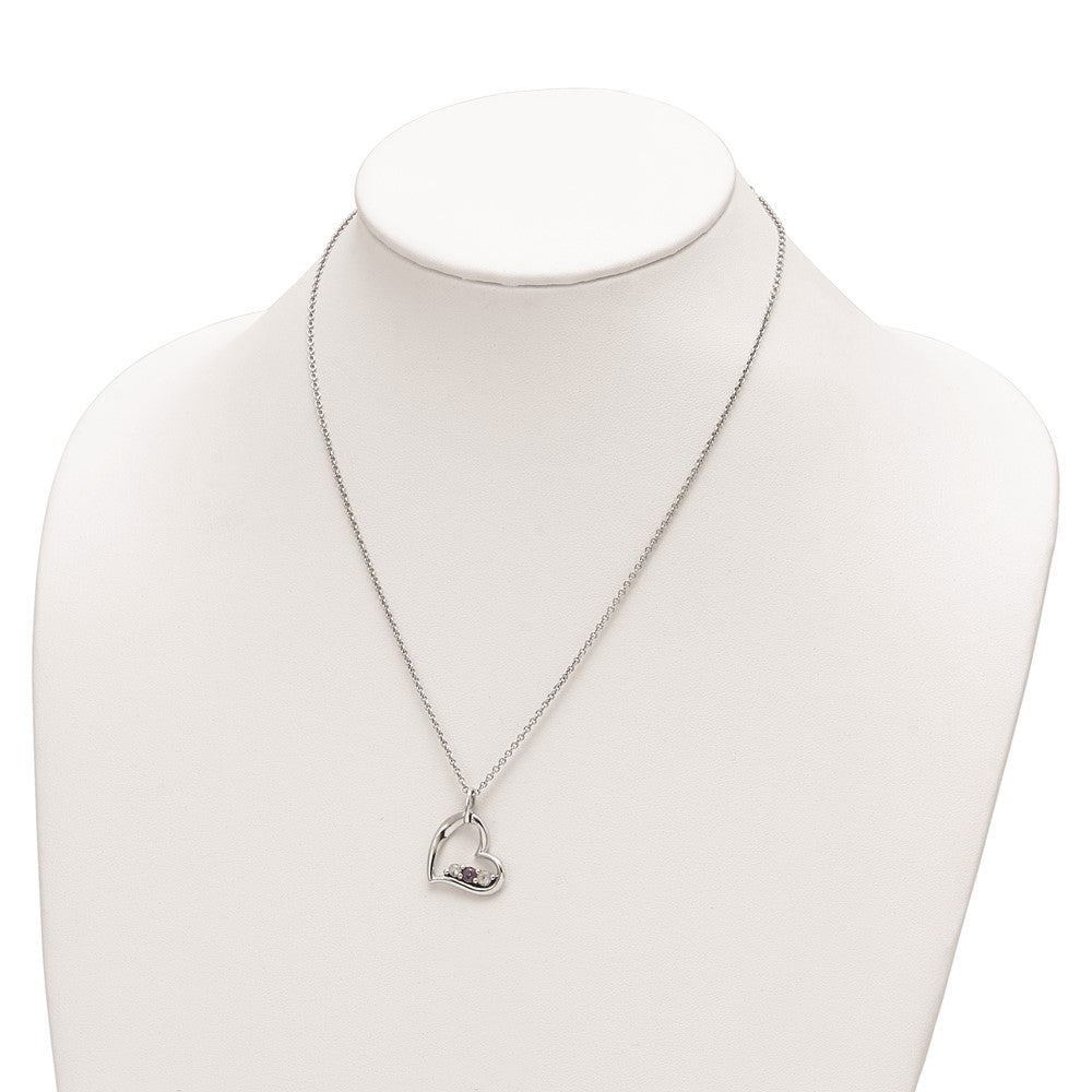 GSS Sterling Silver Rhodium-plated Clear and Purple Topaz Heart Strength Necklace