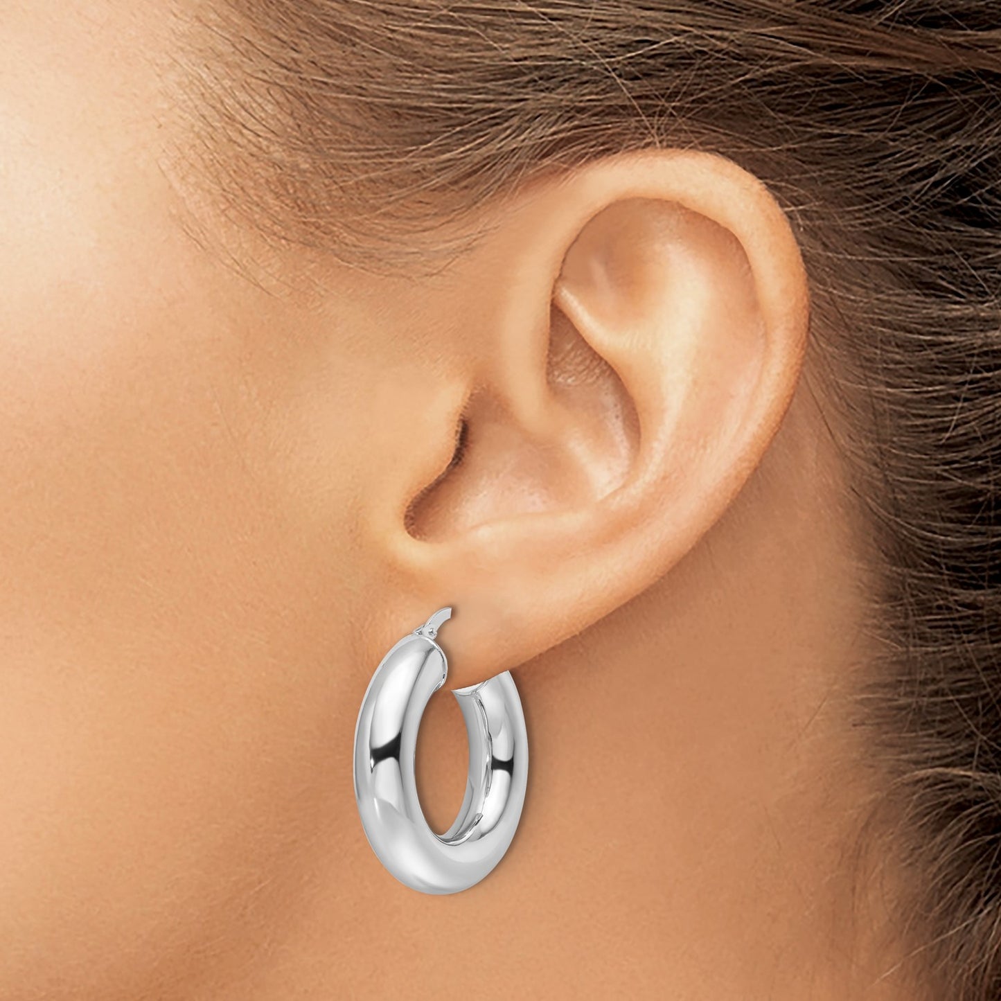 GE 14k White Gold Polished 6mm Hollow Round Tube Round Hoop Earrings