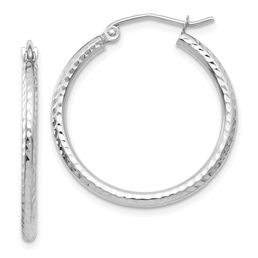 GE 14k White Gold Diamond-cut 2mm Round Tube Hoop Earrings