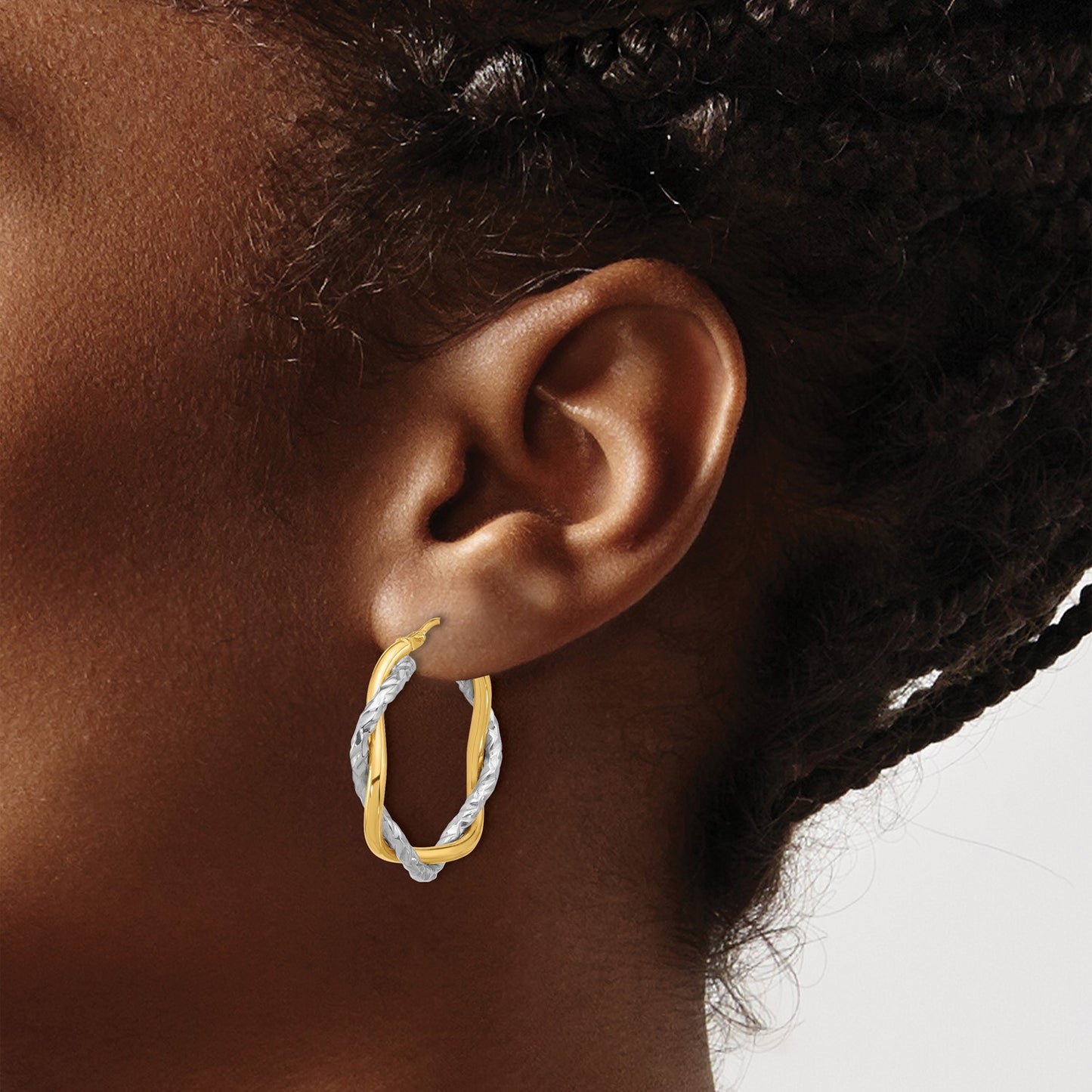 GE 14k Two-tone Polished and Textured Twisted Hoop Earrings