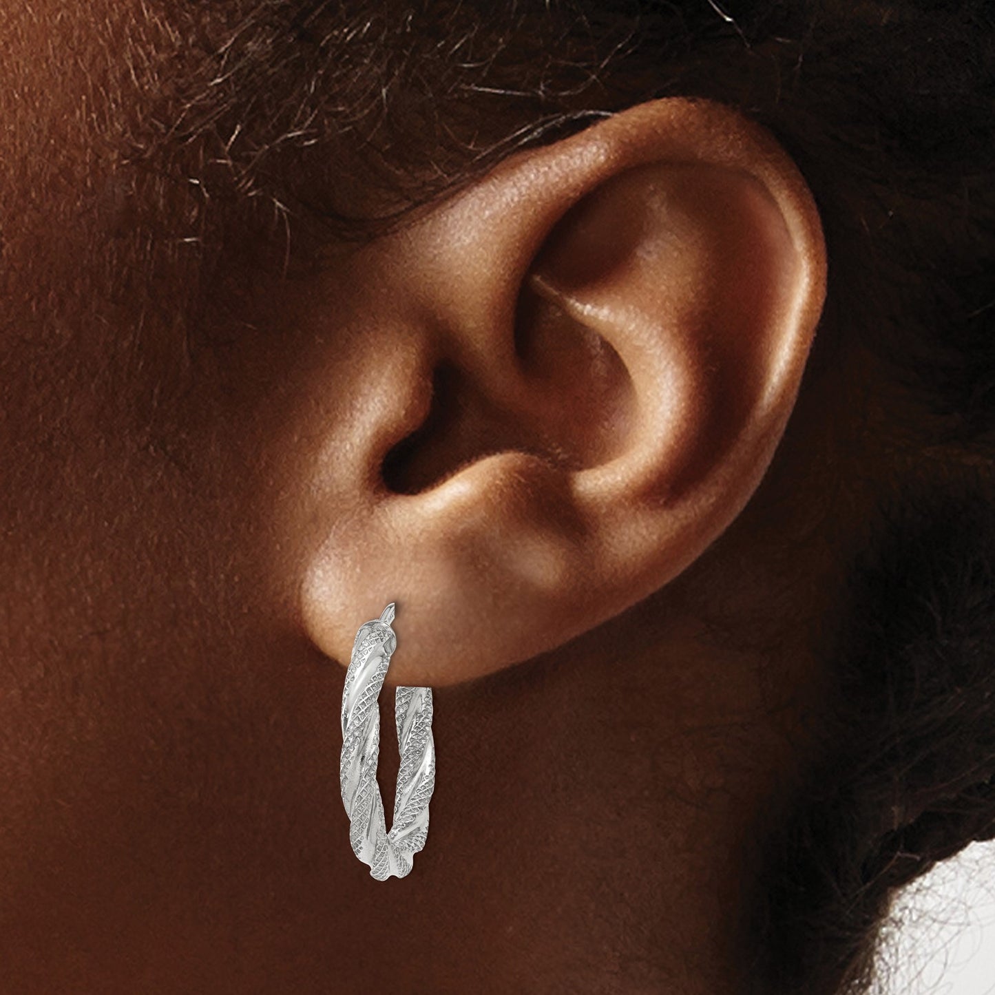 GE 14K White Gold Twisted Textured Hoop Earrings