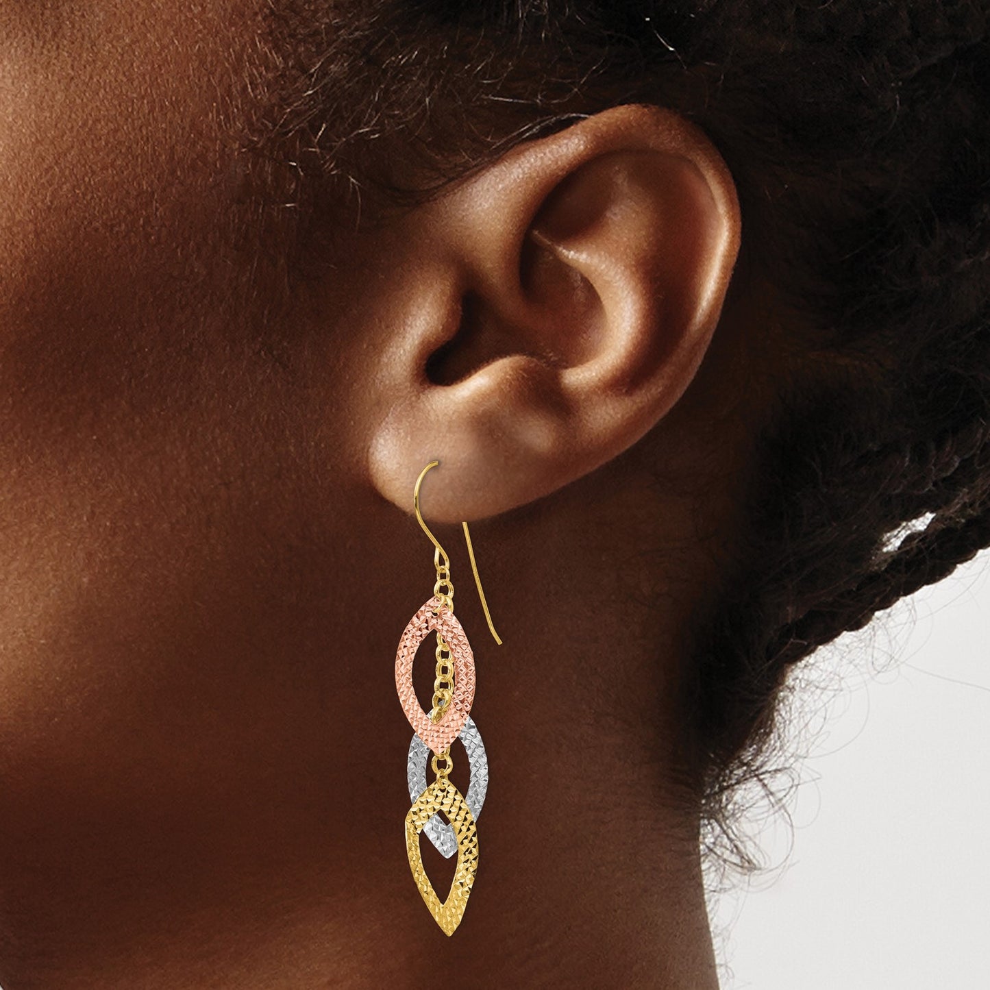 GE 14K Diamond Cut Tri-color Tear Drop Shepherd Hook Earrings