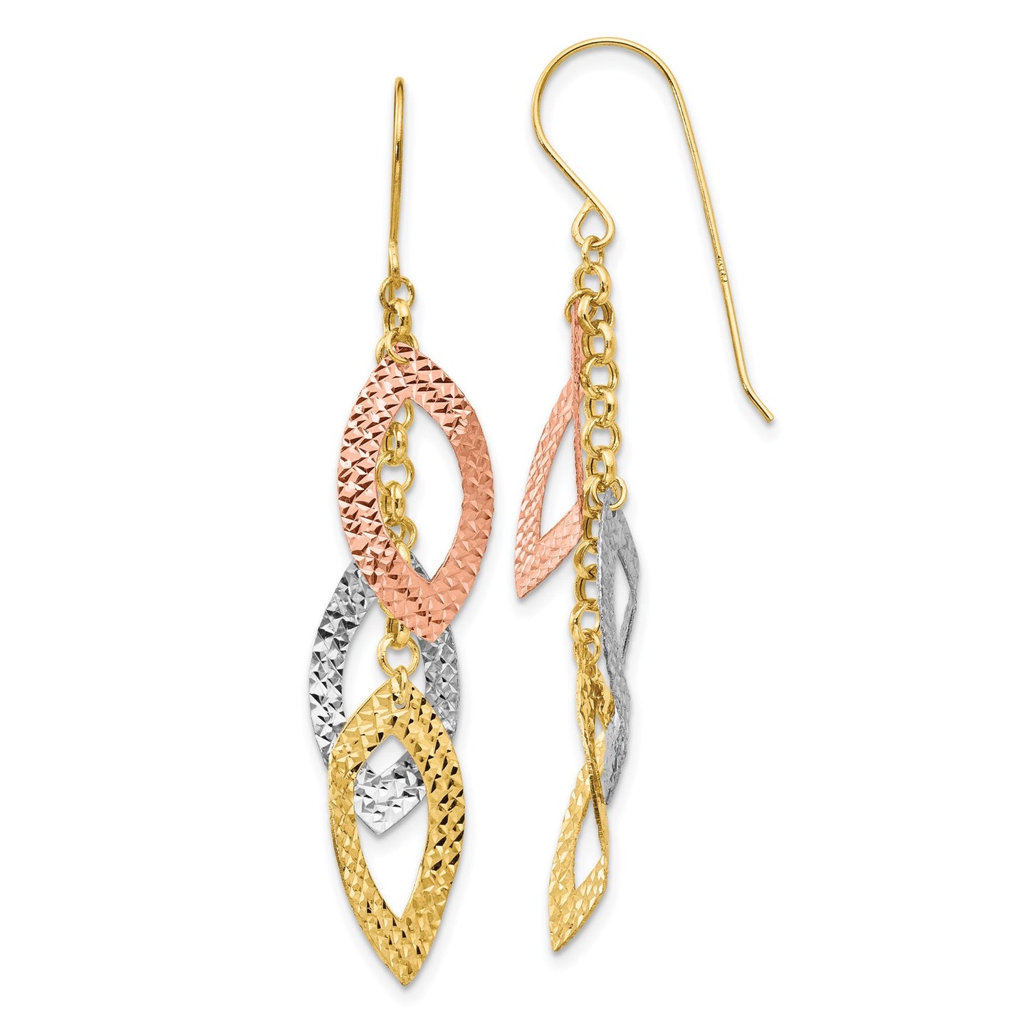 GE 14K Diamond Cut Tri-color Tear Drop Shepherd Hook Earrings