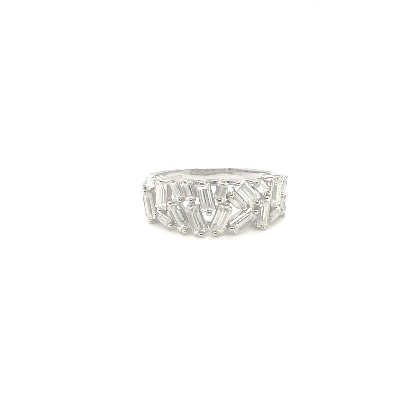 TTT Rectangular Moissanite Gemstone Baquettes Ring; Rhodium Plated Sterling Silver.