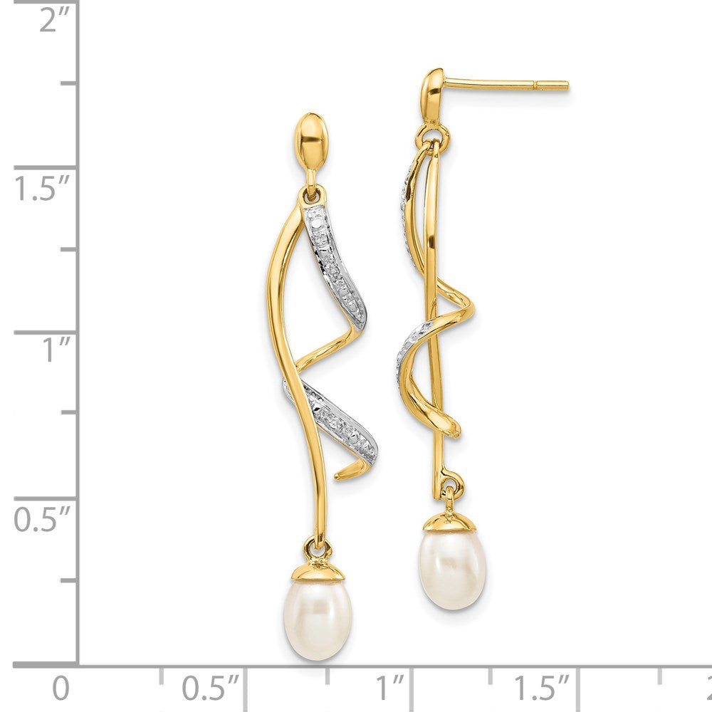 PGE 14k 7x5mm White Teardrop Freshwater Cultured Pearl and .01 carat Diamond Dangle Post Earrings