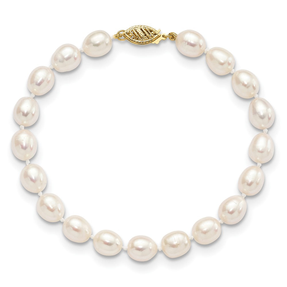 PGB 14k 7-8mm White Rice Freshwater Cultured Pearl 7.5 inch Bracelet