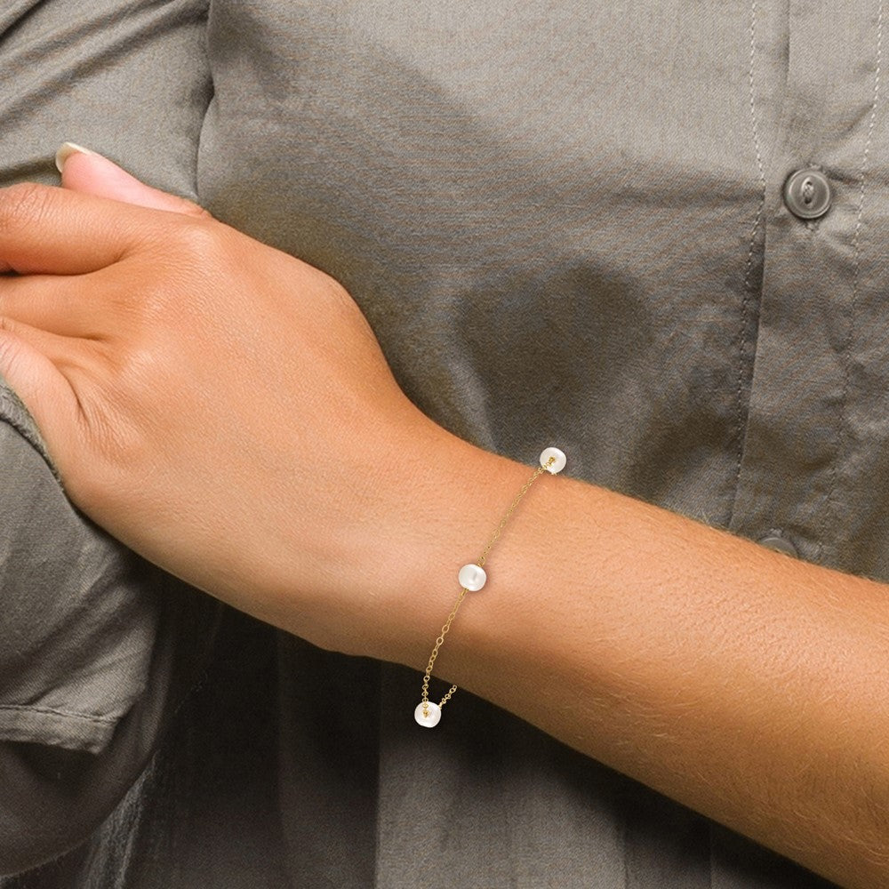 PGB 14k 5-6mm White Near-Round Freshwater Cultured Pearl 3-Station 7.25 inch Bracelet