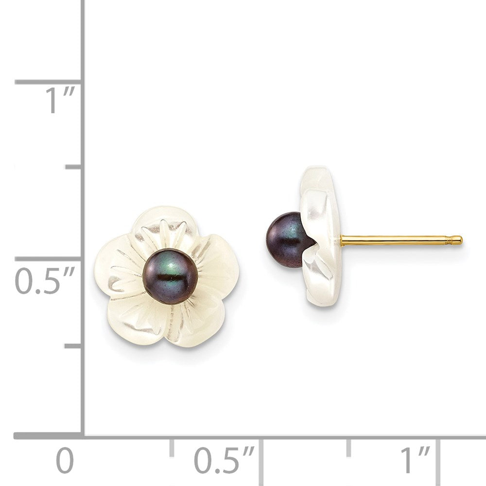 PGE 14k 3-4mm Black Round Freshwater Cultured Pearl and 10 mm White Mother of Pearl Flower Post Earrings