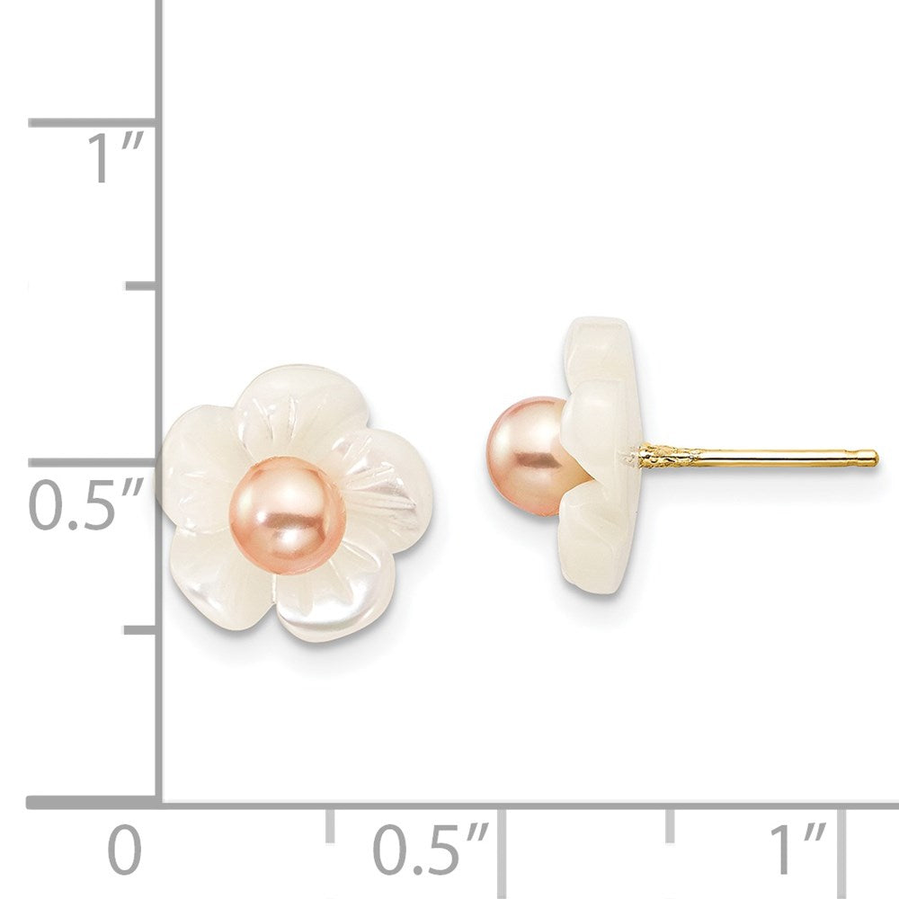 PGE 14k 3-4mm Pink Round Freshwater Cultured Pearl and 10mm White Mother of Pearl Flower Post Earrings