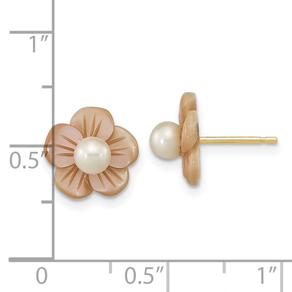 PGE 14k 3-4mm White Round Freshwater Cultured Pearl and Pink Mother of Pearl Flower Post Earrings