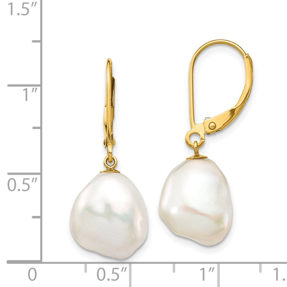 PGE 14k 10x12mm White Keshi Freshwater Cultured Pearl Dangle Leverback Earrings
