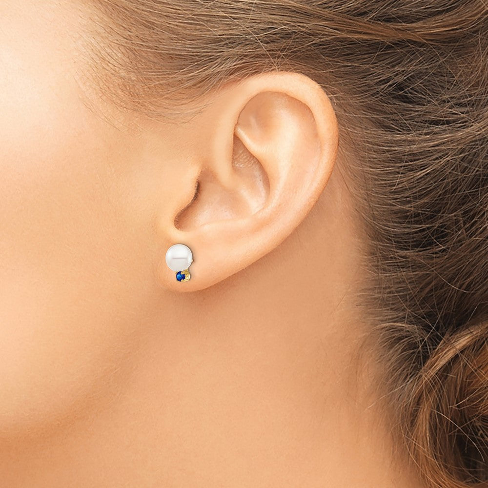 PGE 14k 7-7.5mm White Round Freshwater Cultured Pearl and .18SA Sapphire Post Earrings