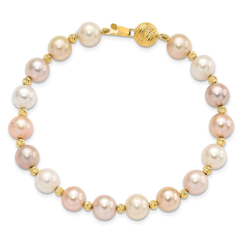 PGB 14k 8-9mm Pink/Purple/White Semi-Round Freshwater Cultured Pearl and Diamond-cut Beaded 7.5 inch Bracelet