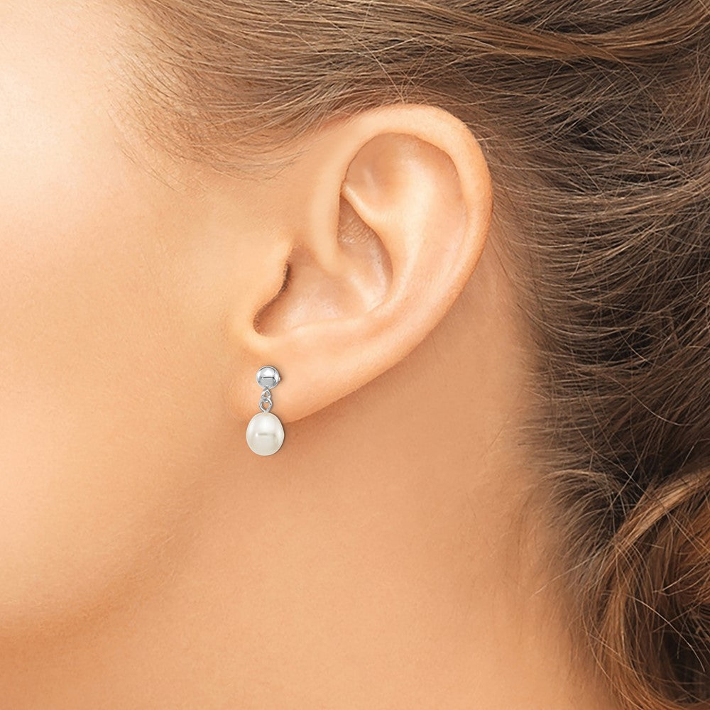 PGE 14k White Gold 6-7mm White Rice Freshwater Cultured Pearl Post Dangle Earrings