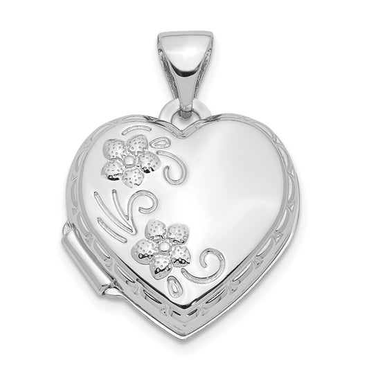GL 14k White Gold Polished Reversible Floral Heart Locket