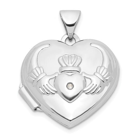 DL 14k White Gold Diamond Heart Claddagh Locket