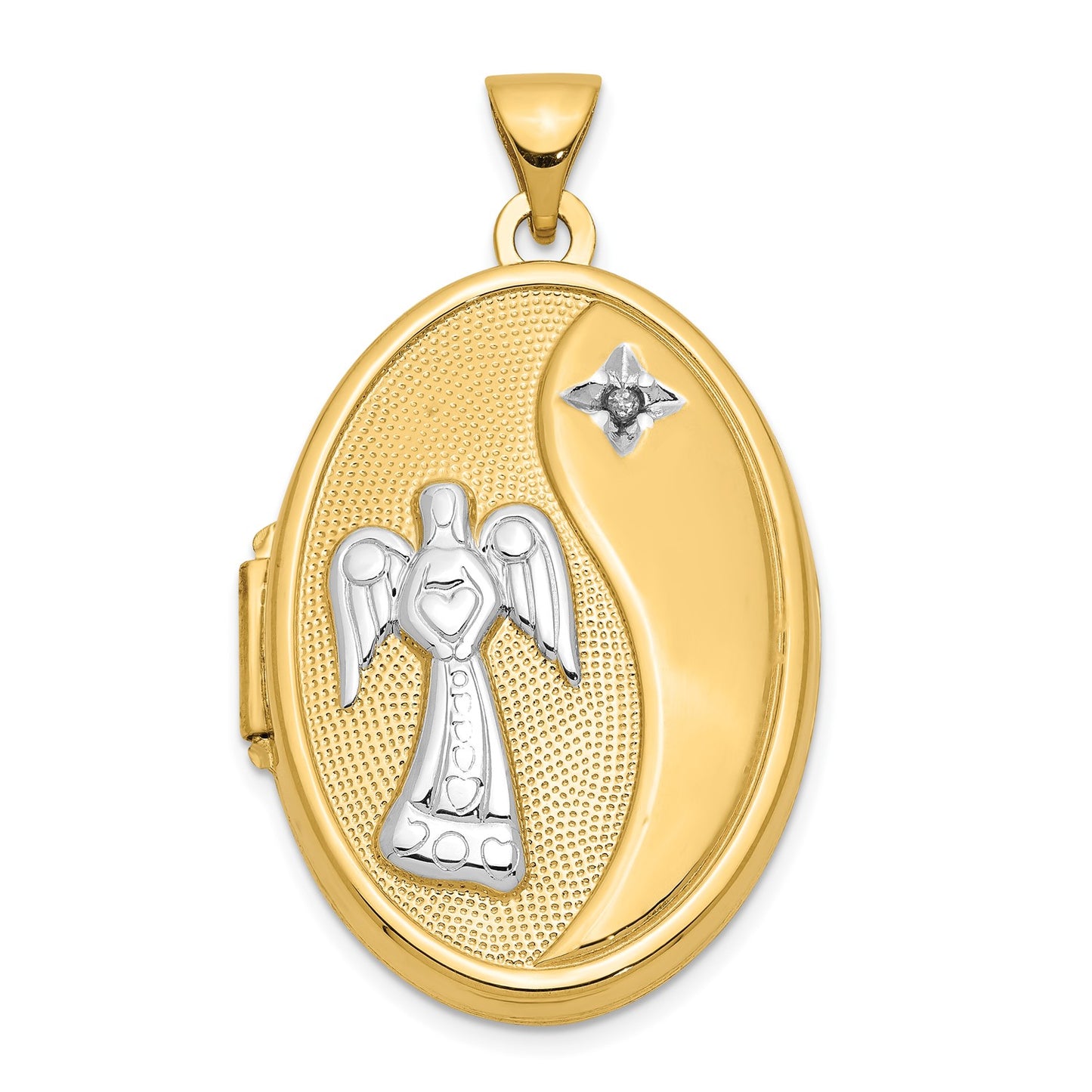 DL 14ky w/ White Rhodium Diamond Guardian Angel Oval Family Locket