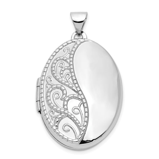 GL 14k White Gold 26mm 1/2 Hand Engraved Scroll Oval Locket