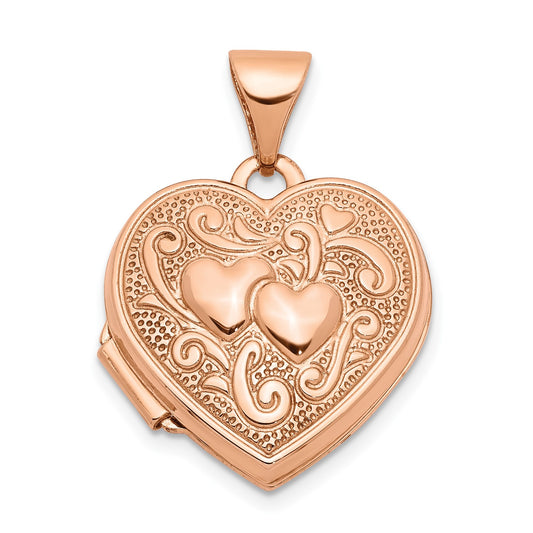 GL 14k Rose Gold Textured Double Heart Scroll Design 15mm Heart Locket