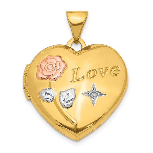 DL 14K w/White & Rose Rhodium Love Rose Diamond Heart Locket Pendant