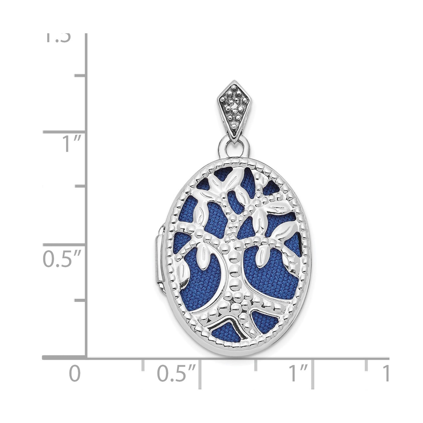 DL 14K White Gold Diamond Tree 23mm Blue Fabric Locket Pendant