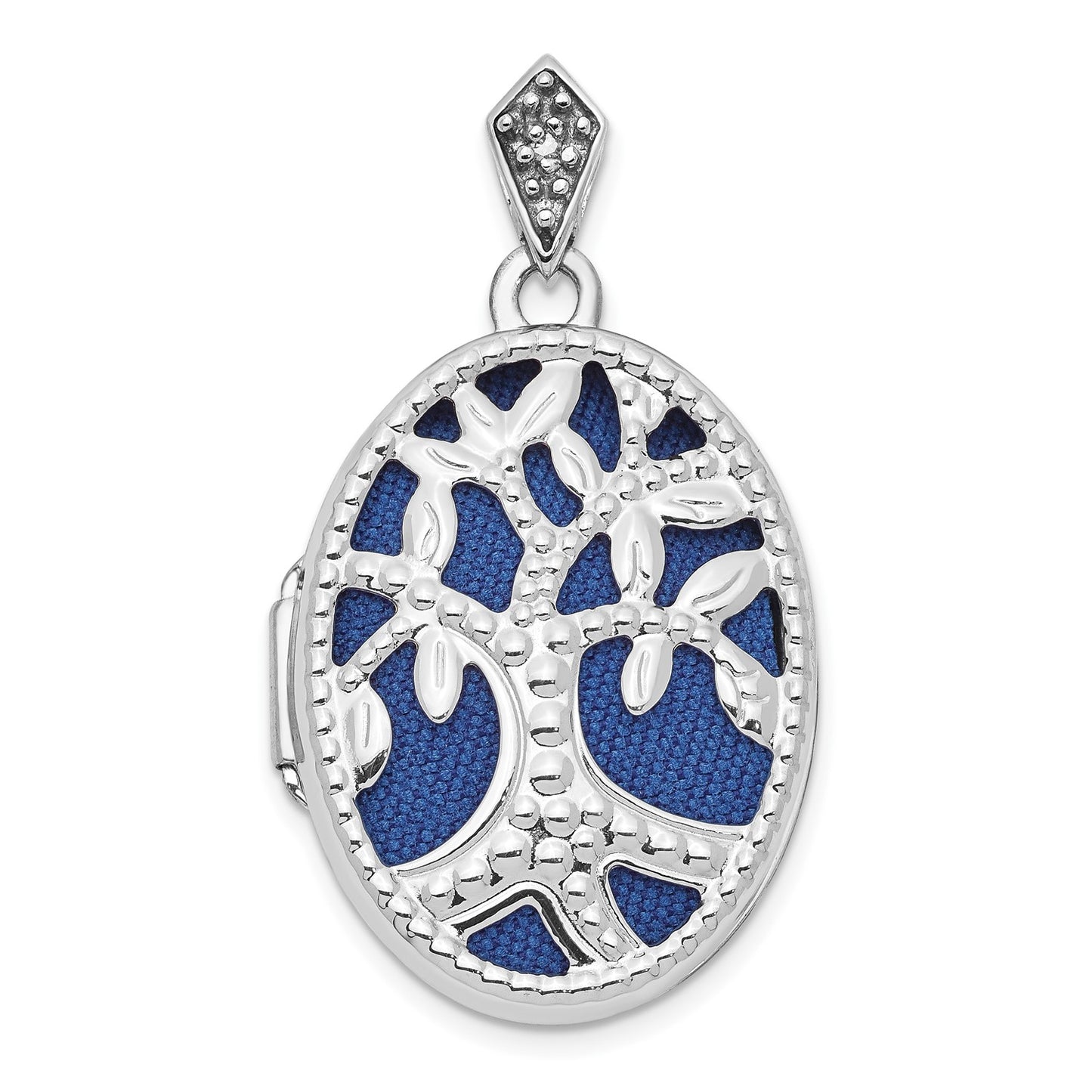 DL 14K White Gold Diamond Tree 23mm Blue Fabric Locket Pendant
