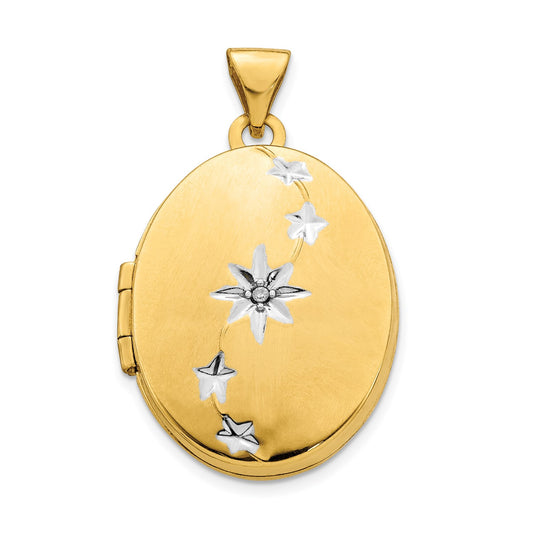 DL 14ky w/ White Rhodium Brushed/Polished Diamond Stars Oval Locket