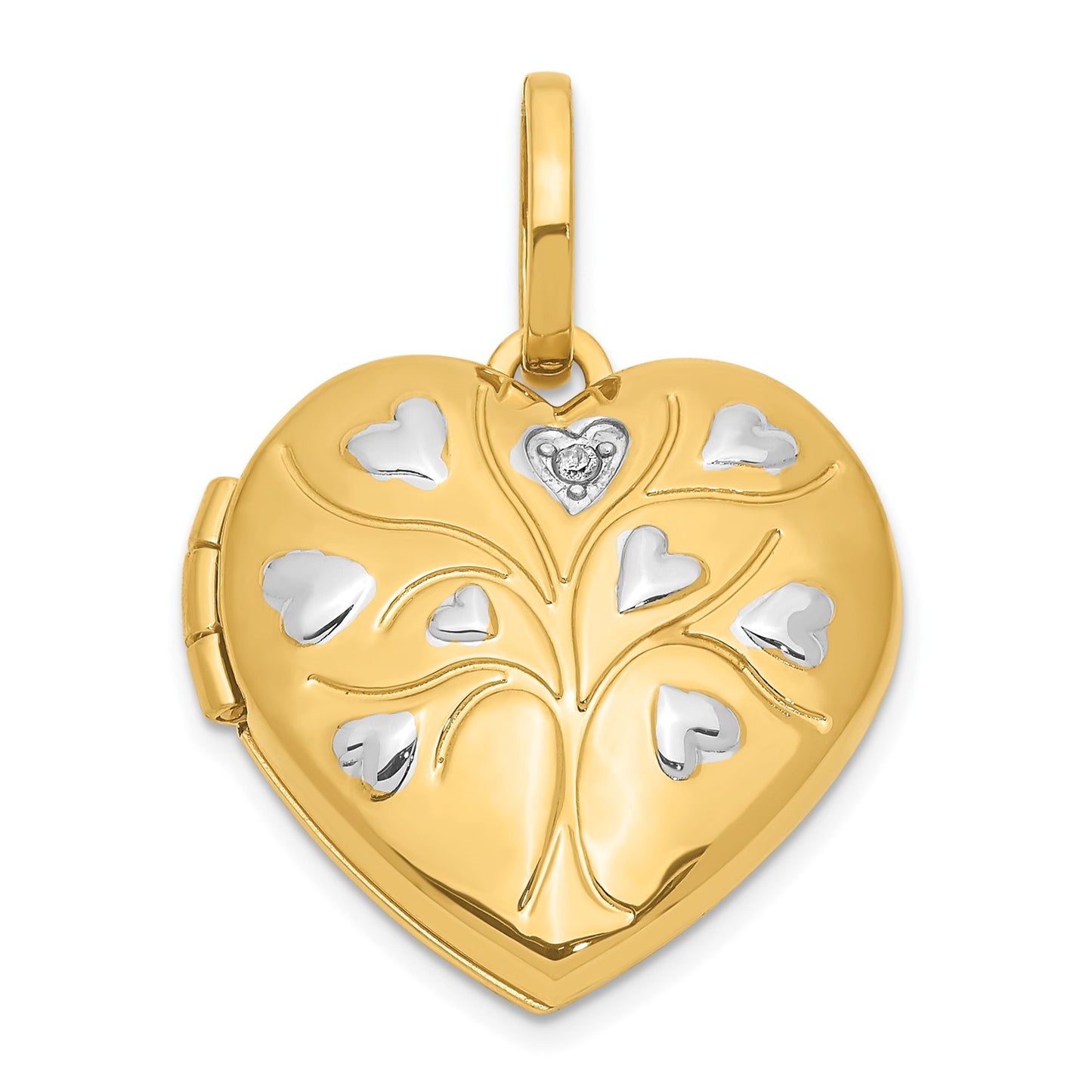 DL 14ky & White Rhodium Polished Diamond Heart Tree Heart Locket