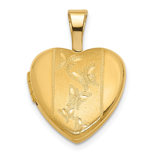 GL 14K Polished and Satin 12mm Butterfly Heart Locket