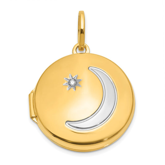 DL 14K with White Rhodium 20mm Diamond Moon & Star Round Locket