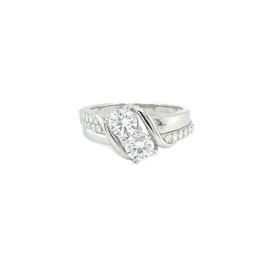 TTT 2 Stone Round High Polish Ring | Rhodium Plated Sterling Silver | Moissanite | Through Thick & Thin