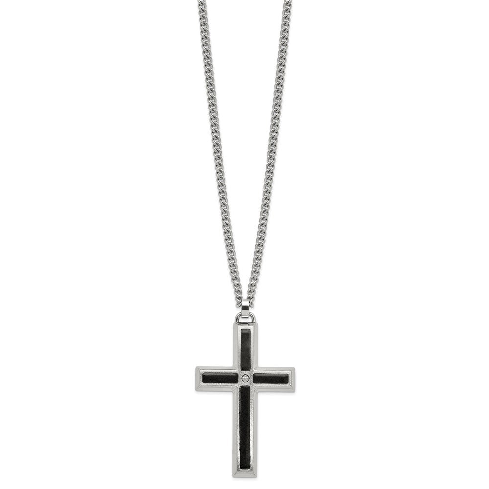 MJ Stainless Steel with Black Enamel Inlay Diamond Cross 24 inch Curb Chain Necklace