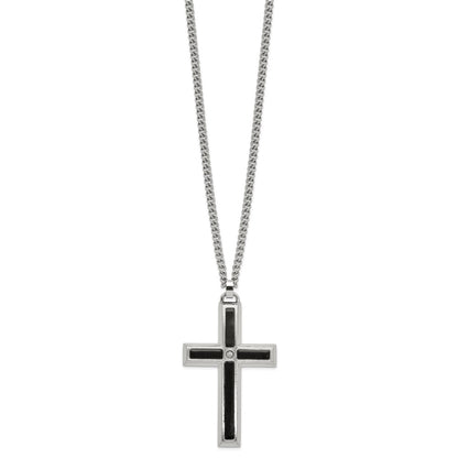 MJ Stainless Steel with Black Enamel Inlay Diamond Cross 24 inch Curb Chain Necklace