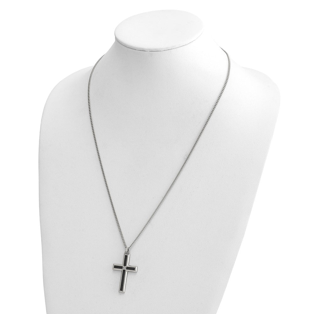 MJ Stainless Steel with Black Enamel Inlay Diamond Cross 24 inch Curb Chain Necklace