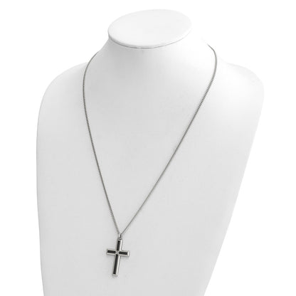 MJ Stainless Steel with Black Enamel Inlay Diamond Cross 24 inch Curb Chain Necklace