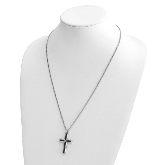 MJ Stainless Steel with Black Enamel Inlay Diamond Cross 24 inch Curb Chain Necklace