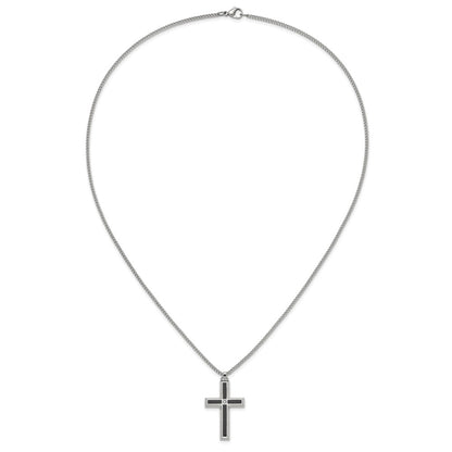 MJ Stainless Steel with Black Enamel Inlay Diamond Cross 24 inch Curb Chain Necklace