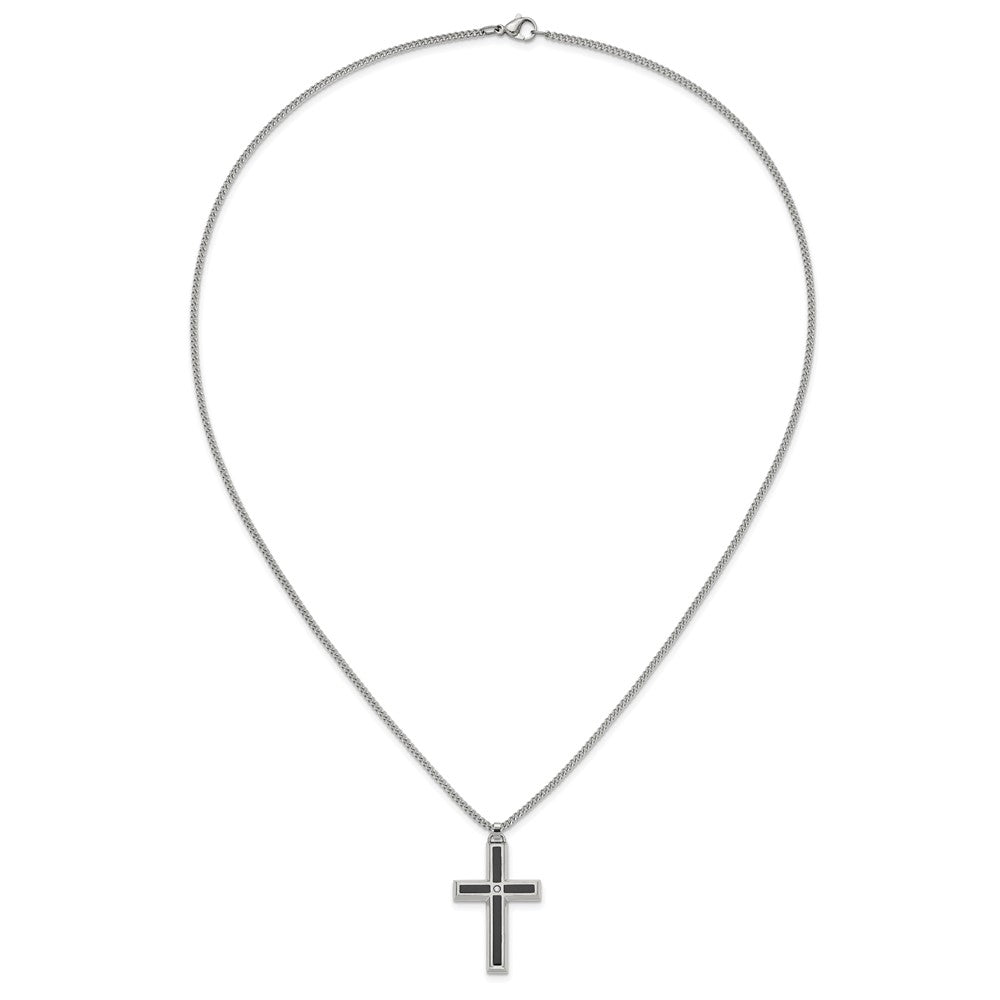 MJ Stainless Steel with Black Enamel Inlay Diamond Cross 24 inch Curb Chain Necklace